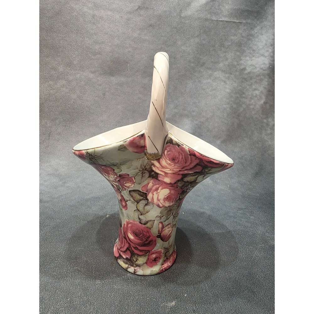Formalities by Baum Bros Pink Rose Floral China Basket Vase Gold Trim 9.75in